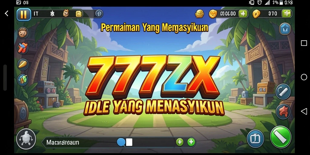 Screenshot gameplay <strong>777ZX</strong> menampilkan karakter yang mengumpulkan sumber daya secara otomatis.