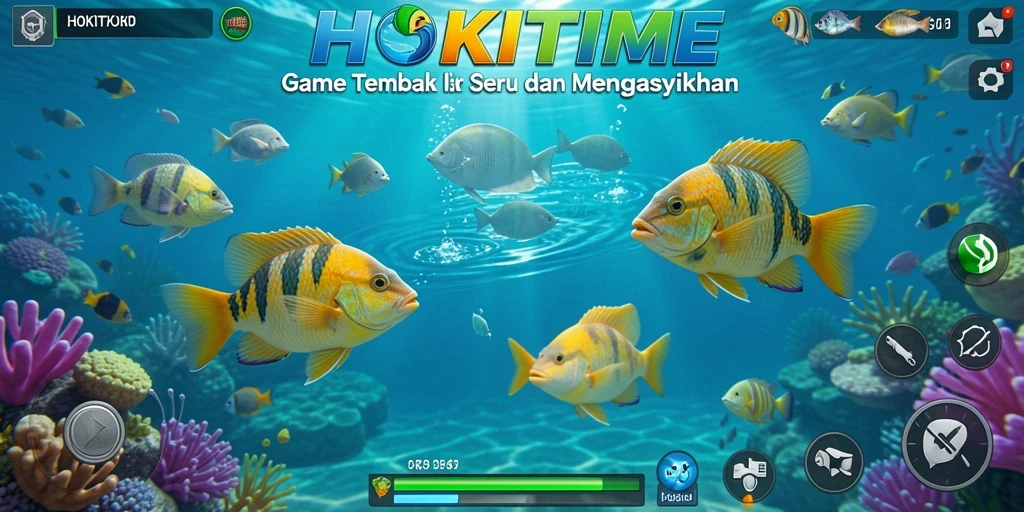 Tangkapan layar gameplay HOKITIME yang menampilkan aksi seru menangkap ikan.