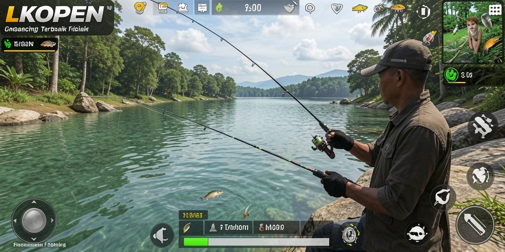 Screenshot LKOPEN menampilkan gameplay seru saat menangkap ikan besar.