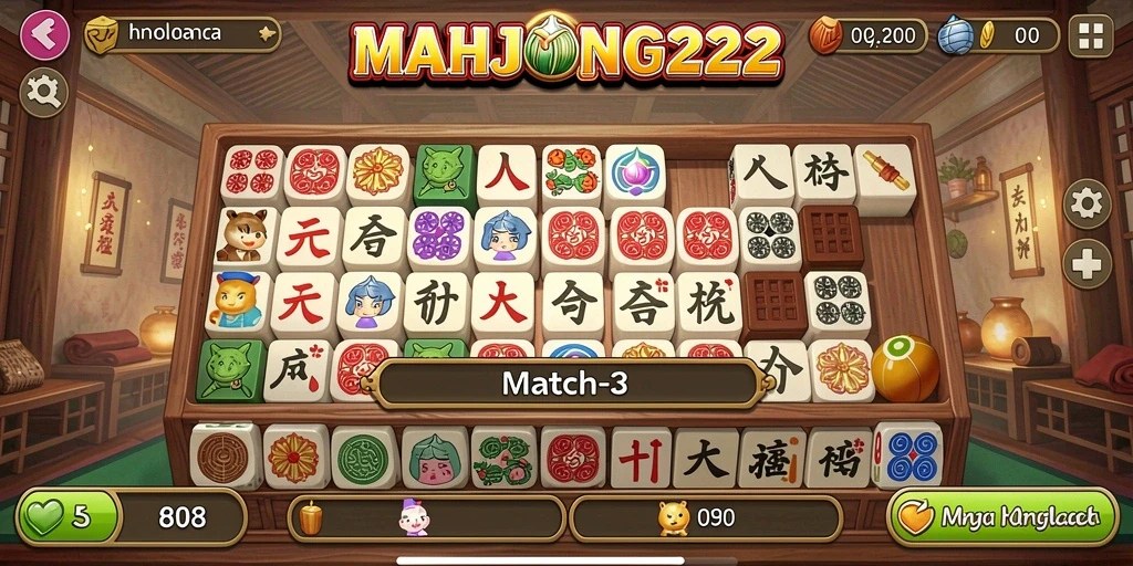 Tangkapan layar gameplay MAHJONG222 yang menampilkan kombinasi ubin Match-3.