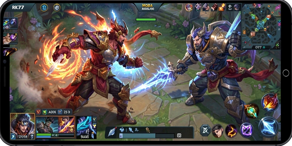 Screenshot menampilkan intensitas pertarungan dalam game MOBA RK77.