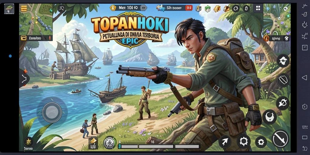 Screenshot utama TOPANHOKI menampilkan aksi eksplorasi dunia terbuka yang menakjubkan.